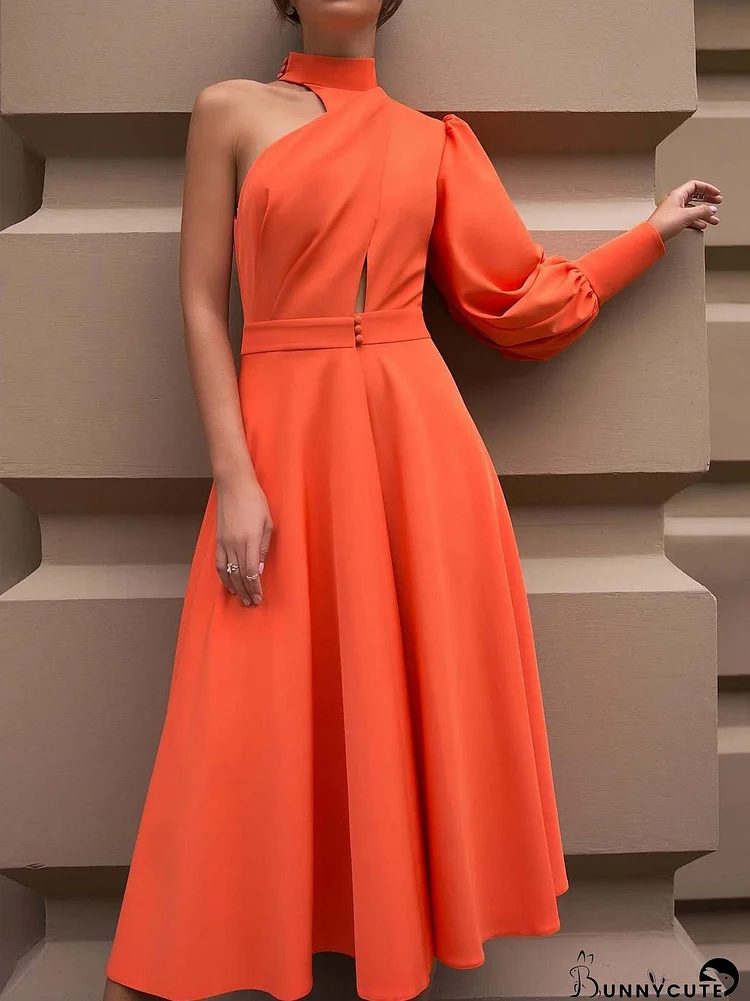 Dresses Solid One Shoulder Hollow Long Sleeve Dress for Women