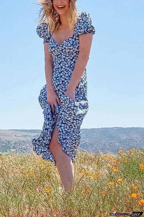 Print Slit Short Sleeve Dress