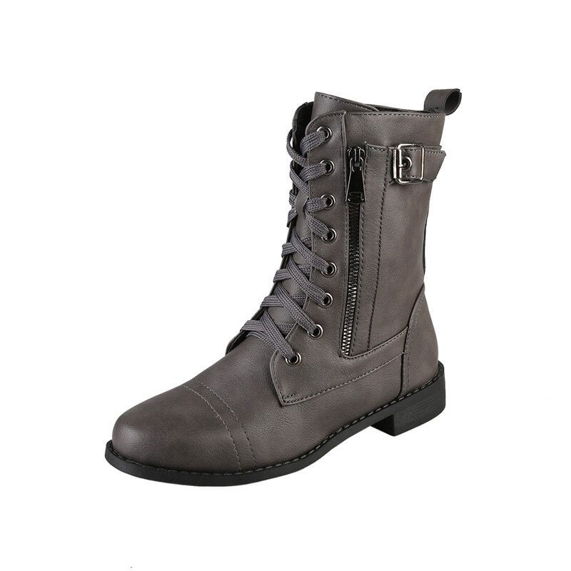 2021 New Women Retro Boots Western Winter Fashion Shoes Punk Lace Up Buckle Motorcycle Zipper Mid Calf Boots Ladies Short Botas