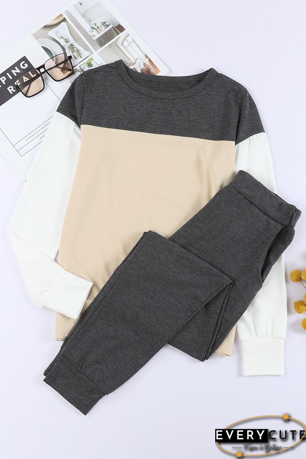 Khaki Color Block Pullover 2pcs Loungewear Set
