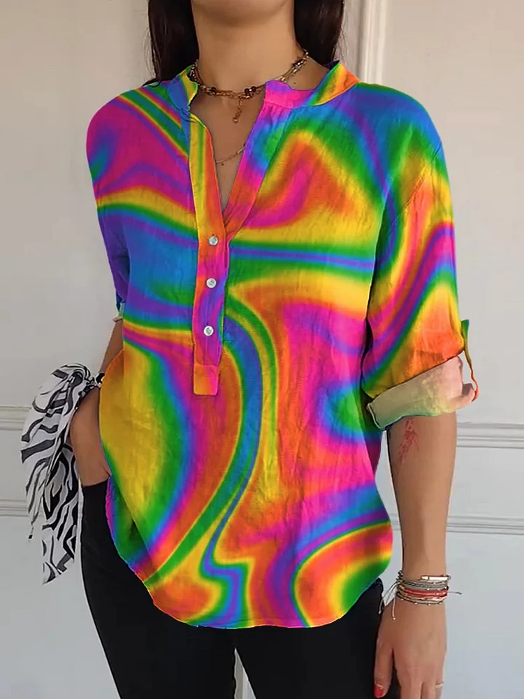 Rainbow Swirl Pattern Printed Women's  Print Casual Long Sleeve Comfortable Cotton Shirt