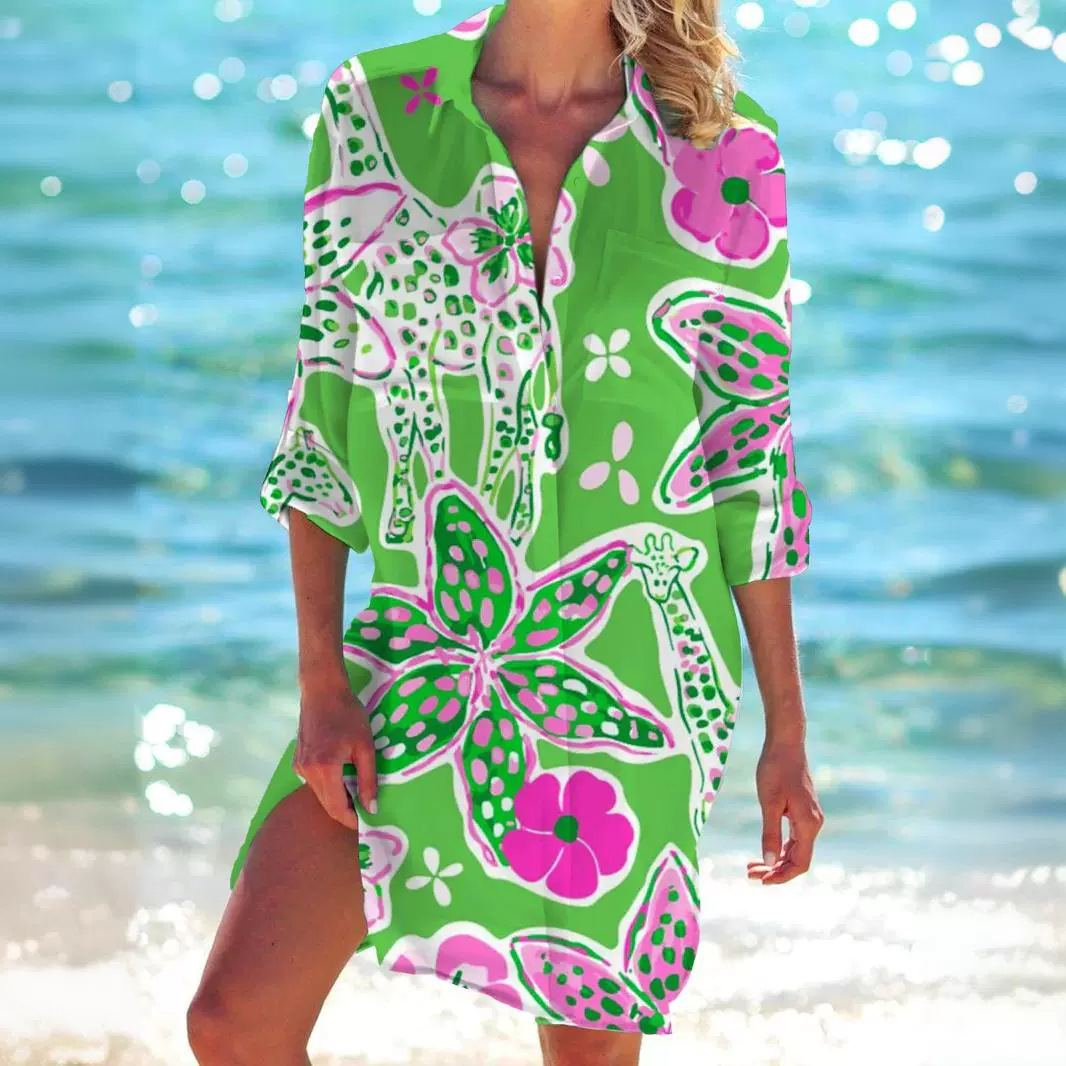 Myopiclunacy Colorful Floral Flower 3D Print Beach Blouses Women Long Sleeve Blusas Mid-length Shirts Buttons Shirt Woman Pocket Tops Blouse