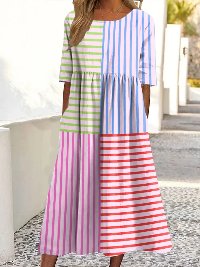 Vintage Abstract Stripe Print Round Neck Pocket Midi Dress