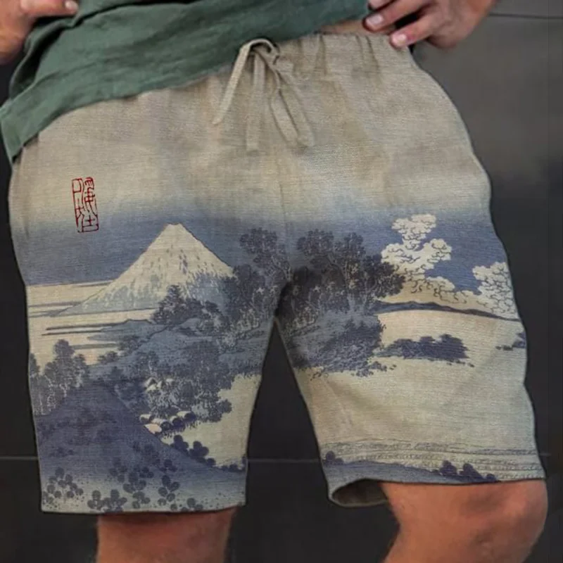 Men's Japanese Fuji Mountain Art Print Casual Drawstring Shorts