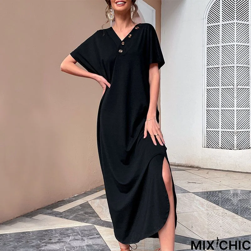 Solid Color T-Shirt Skirt Loose Long Peach Collar Dress Black Dresses