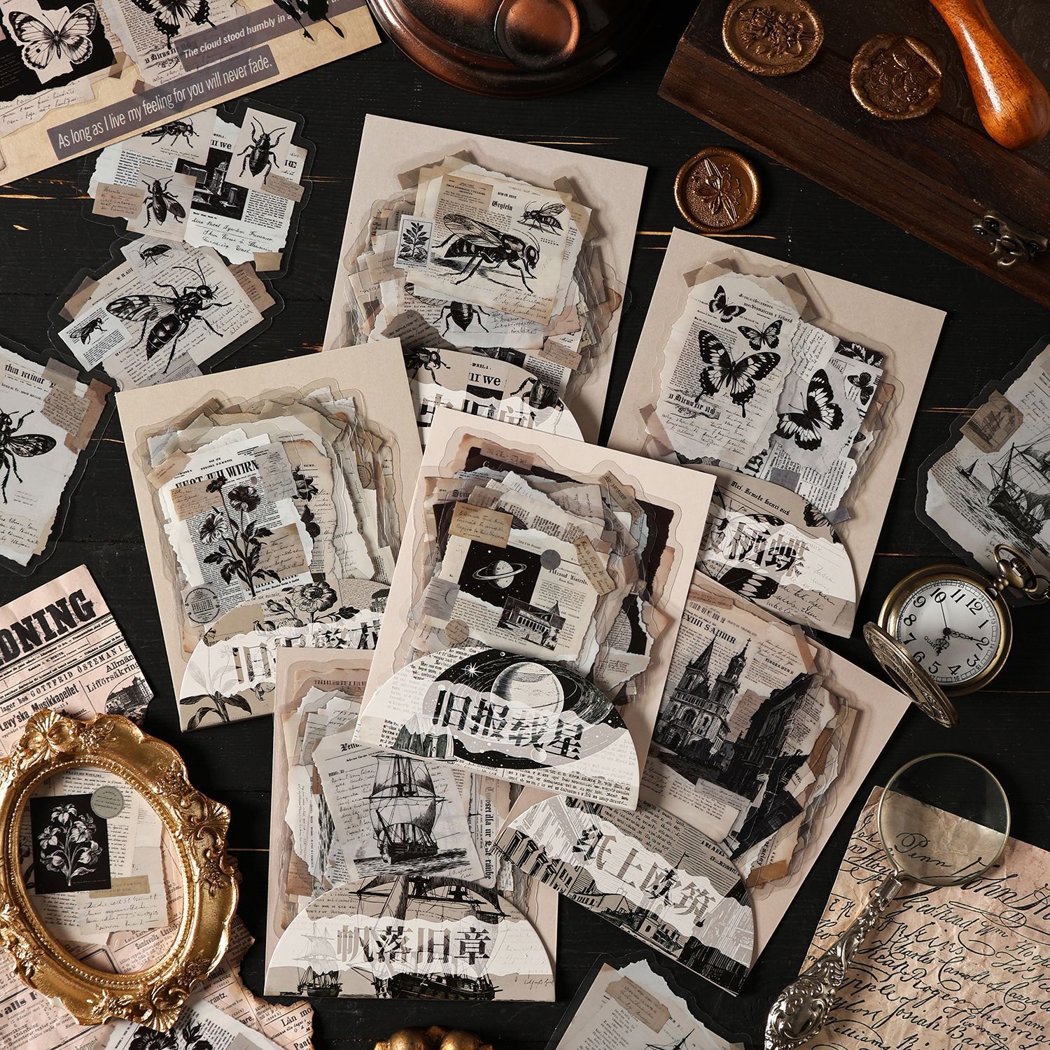 PET 스티커 - 콜라주 극장 시리즈 빈티지 나비 꽃 빌딩