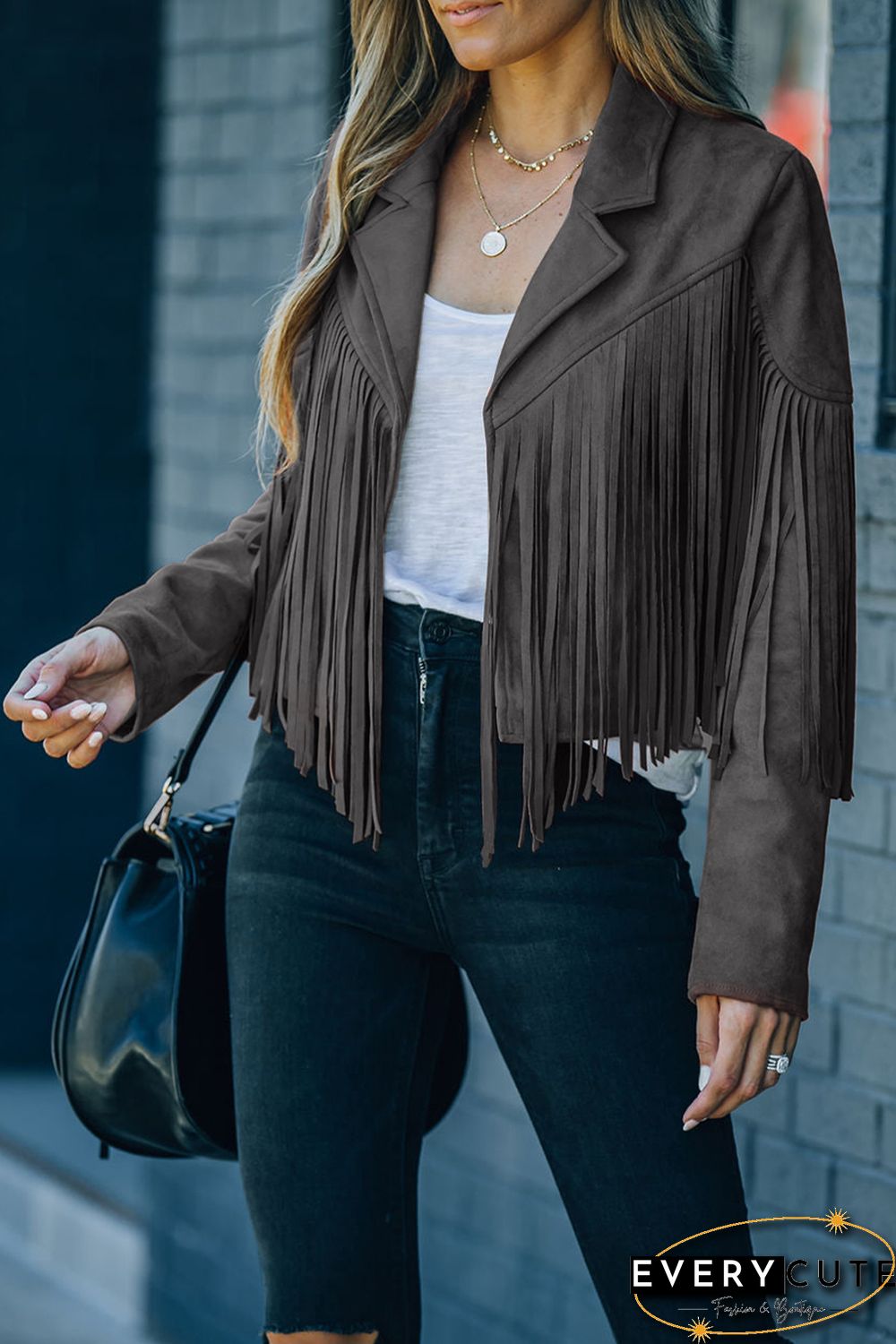 Gray Cropped Fringe Faux Suede Jacket