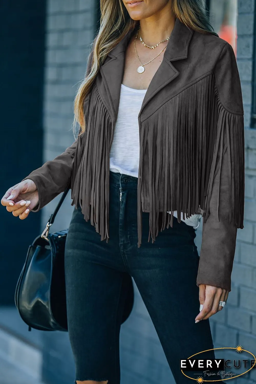 Gray Cropped Fringe Faux Suede Jacket