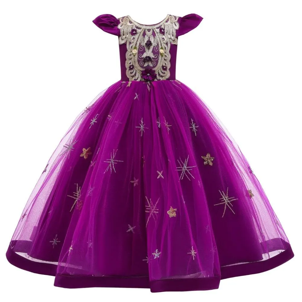 High End Long Style Dress For Girl Wedding Kids Crew Neck Embroidered Flower Kid Dress For Party 2-10 Years old