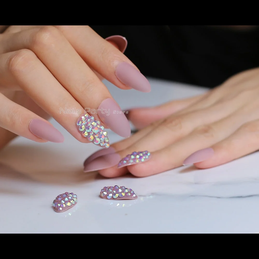 White Matte Pink Press On Nail Bling crystal Nail Art Burgundy Pointed Black false stiletto nail Gray  Nude with Stickers 24pcs-Nail Inspo