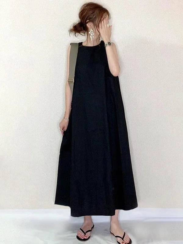 Simple Solid Color Round-Neck Sleeveless Midi Dress
