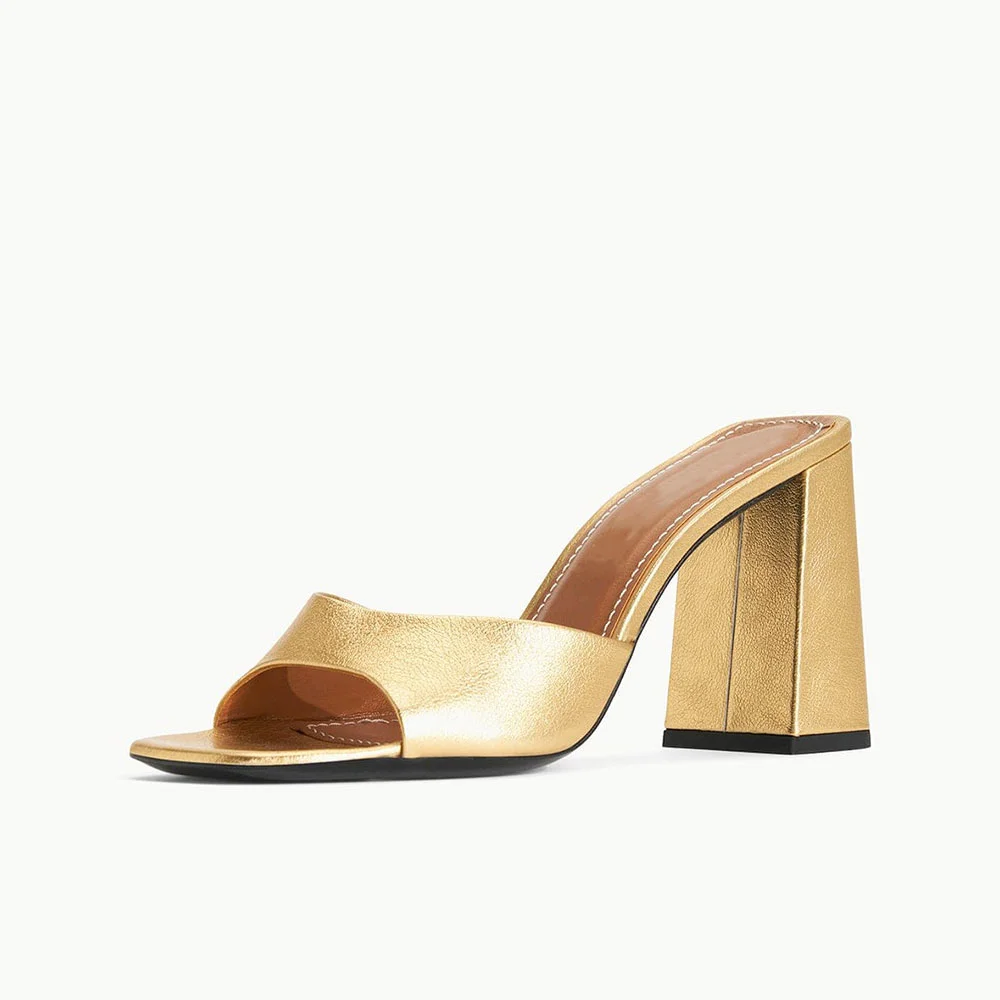 Gold Vegan Leather Opened Square Toe Mules With Chunky Heels Nicepairs