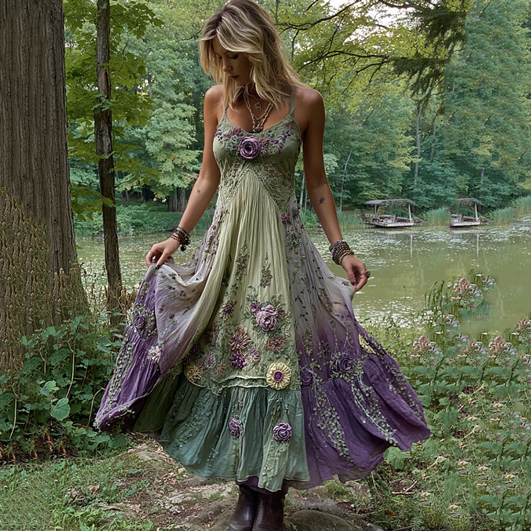 Vintage Classy Gradient Purple Lavender And Floral Embroidered Linen Suspender Long Dress