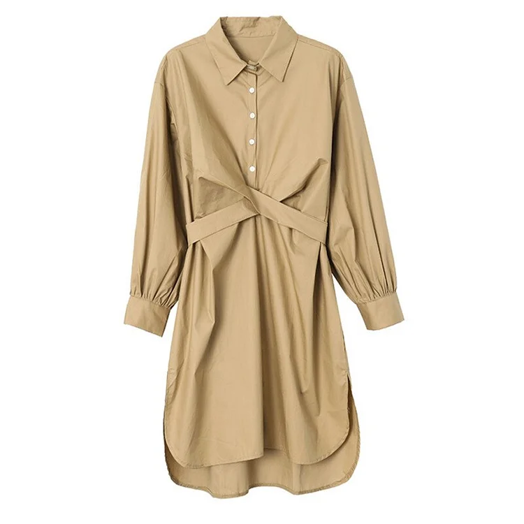 French Solid Color Lapel Twist Knot Long Sleeve Shirt Dress