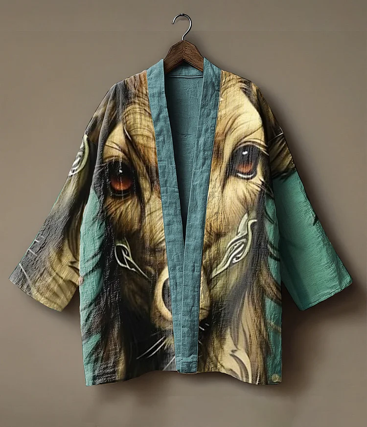 Abstract animal portrait print linen and robe cardigan