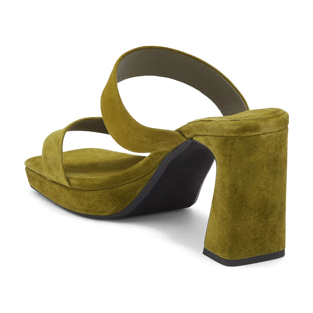 Olive Open Square Toe Chunky Heel Platform Two Strap Mules for Women 