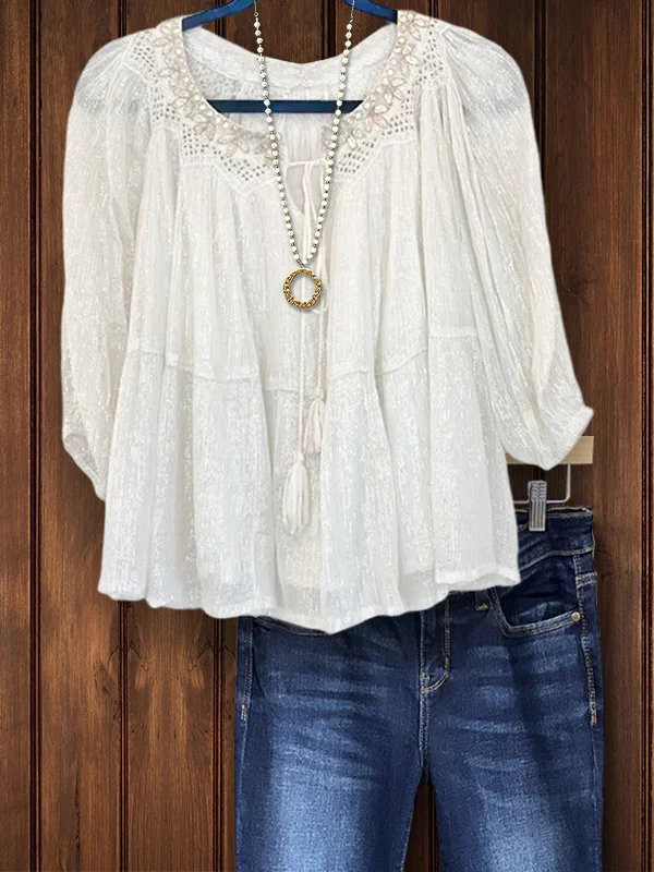 Casual Elegant Embroidered Lace Short Sleeve Top