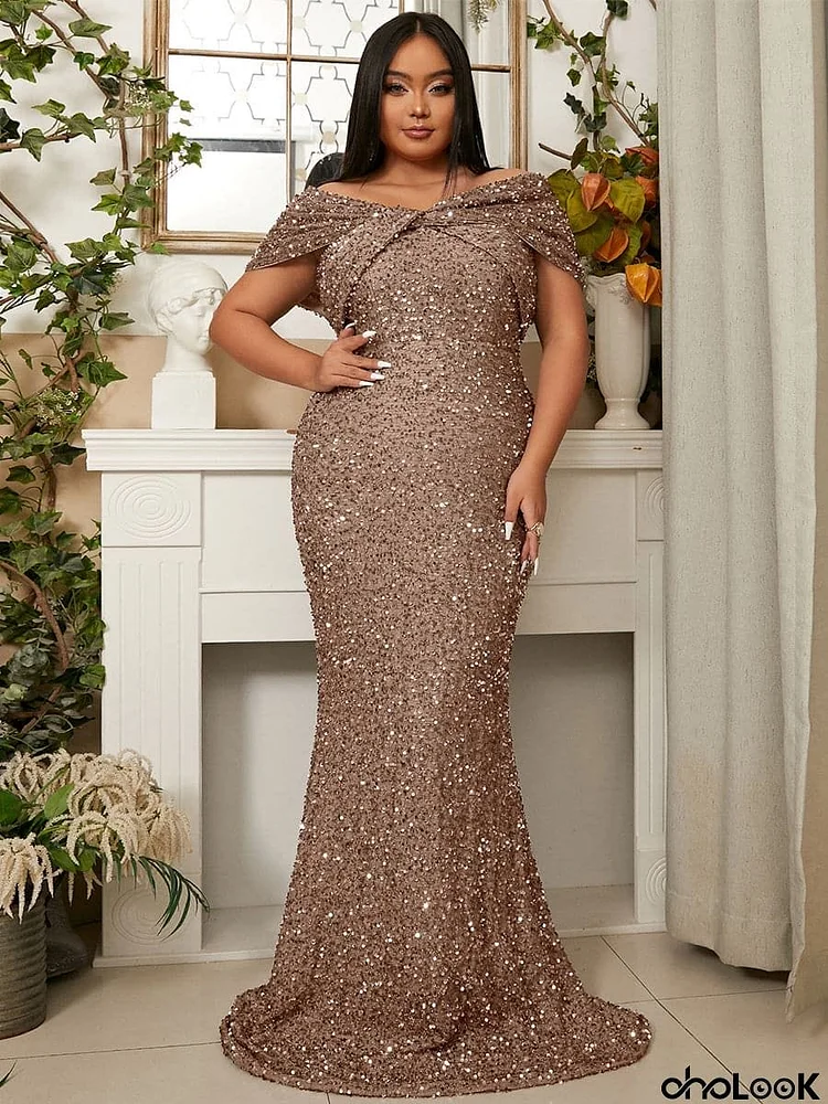 Plus Size Off Shoulder Backless Sequin Mermaid Evening Dress PWY108