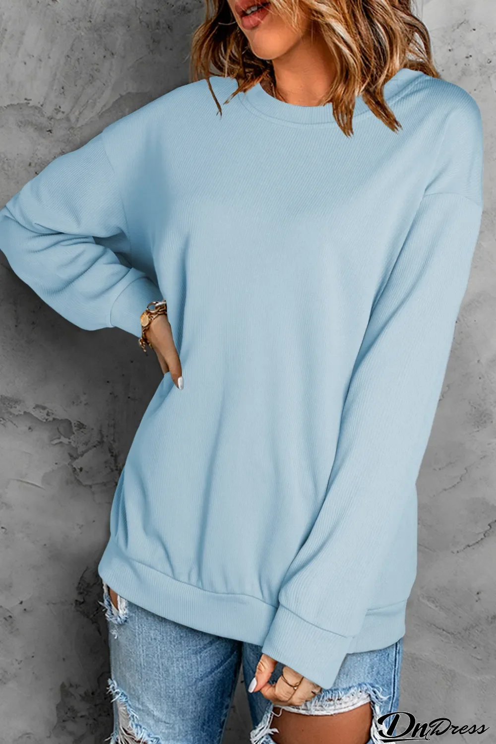 Sky Blue Crew Neck Ribbed Oversized Sweatshirt