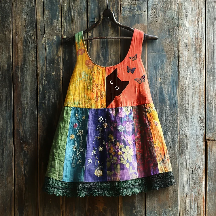 Vintage Abstract Creative Cute Black Cat With Floral Patchwork Art Print Women's Linen Tank Top