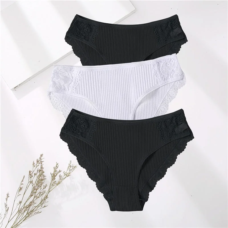 FINETOO 3PCS/Set M-XXL Cotton Underwear Women's Panties Comfort Underpants Floral Lace Briefs For Woman Sexy Low-Rise Intimates