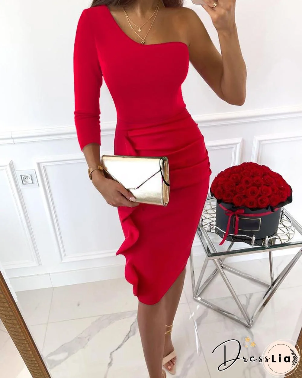 Slash Neck Asymmetrical Straight Bodycon Dress