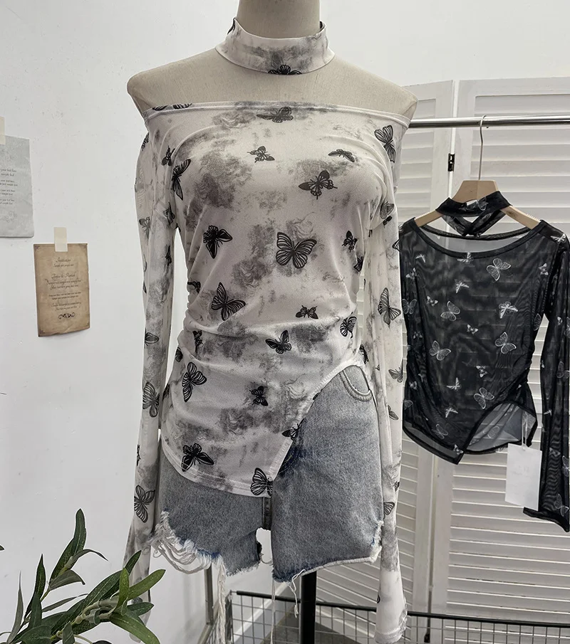 Nigikala Nigikala Tie-Dye-Print Single-Layer Mesh Yarn Lint Sun Hoodie Irregular Long-Sleeved T-Shirt Repair On The Body 1962