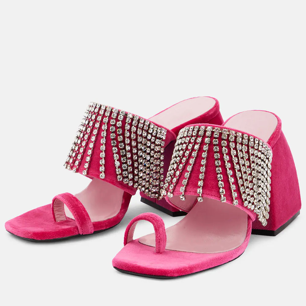 Pink Rhinestone Open Toe 3'' Chunky Heel Wide Band Mules Nicepairs