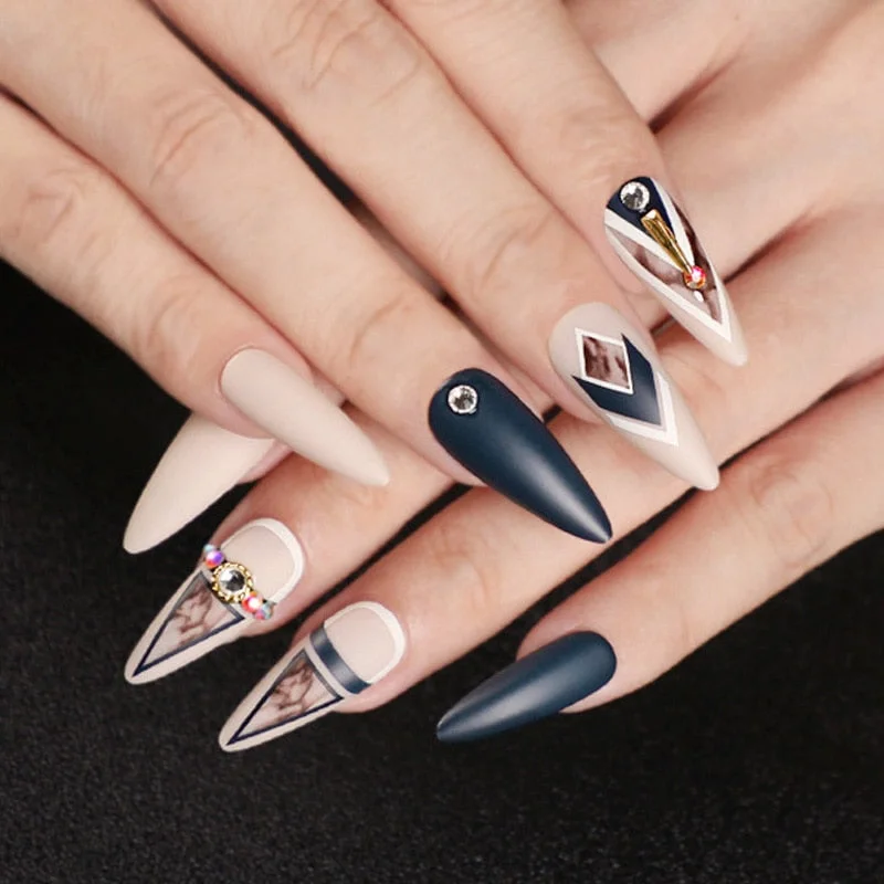 24pcs Khaki Dye Matte Frosted Fake Nails stiletto Dark Blue Color Pointed Head Long Style Wearable ABS Resin Finished Fingernail-Nail Inspo