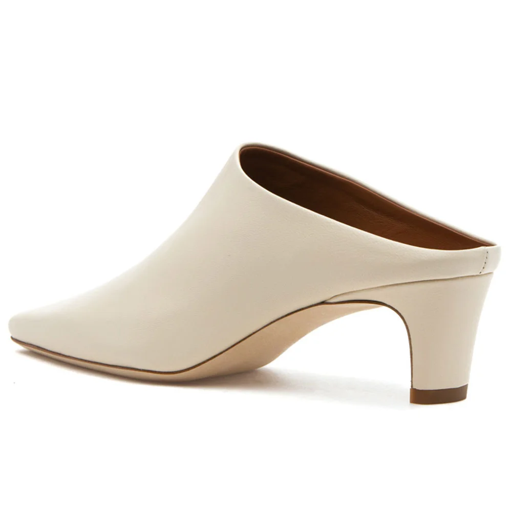 Ivory Vegan Leather Slip-On Square Toe Chunky Heel Mules for Women