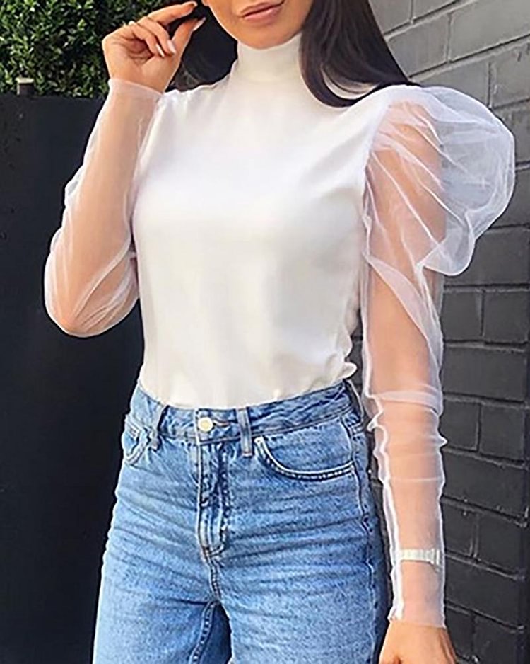High Neck Sheer Mash Insert Blouse