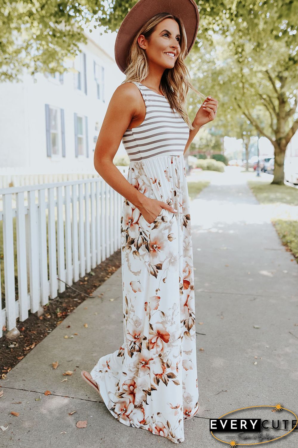 White Striped Floral Print Sleeveless Maxi Dress with Pocket
