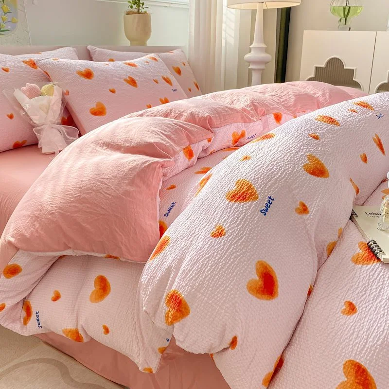 Aonga Ins Floral Style Bedding Set No Filler Breathable Seersucker Soft Single King Size Duvet Cover Flat Fitted Sheet Pillowcase Set aonga