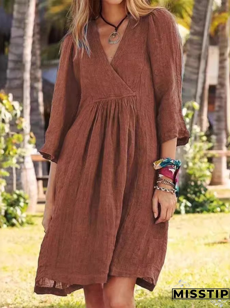V-neck Cotton and Linen Casual Dress