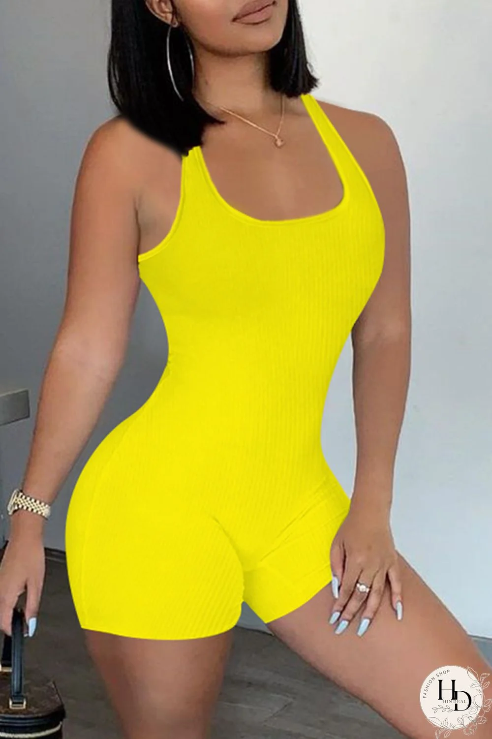 Yellow Casual Sportswear Solid Backless U Neck Skinny Romper