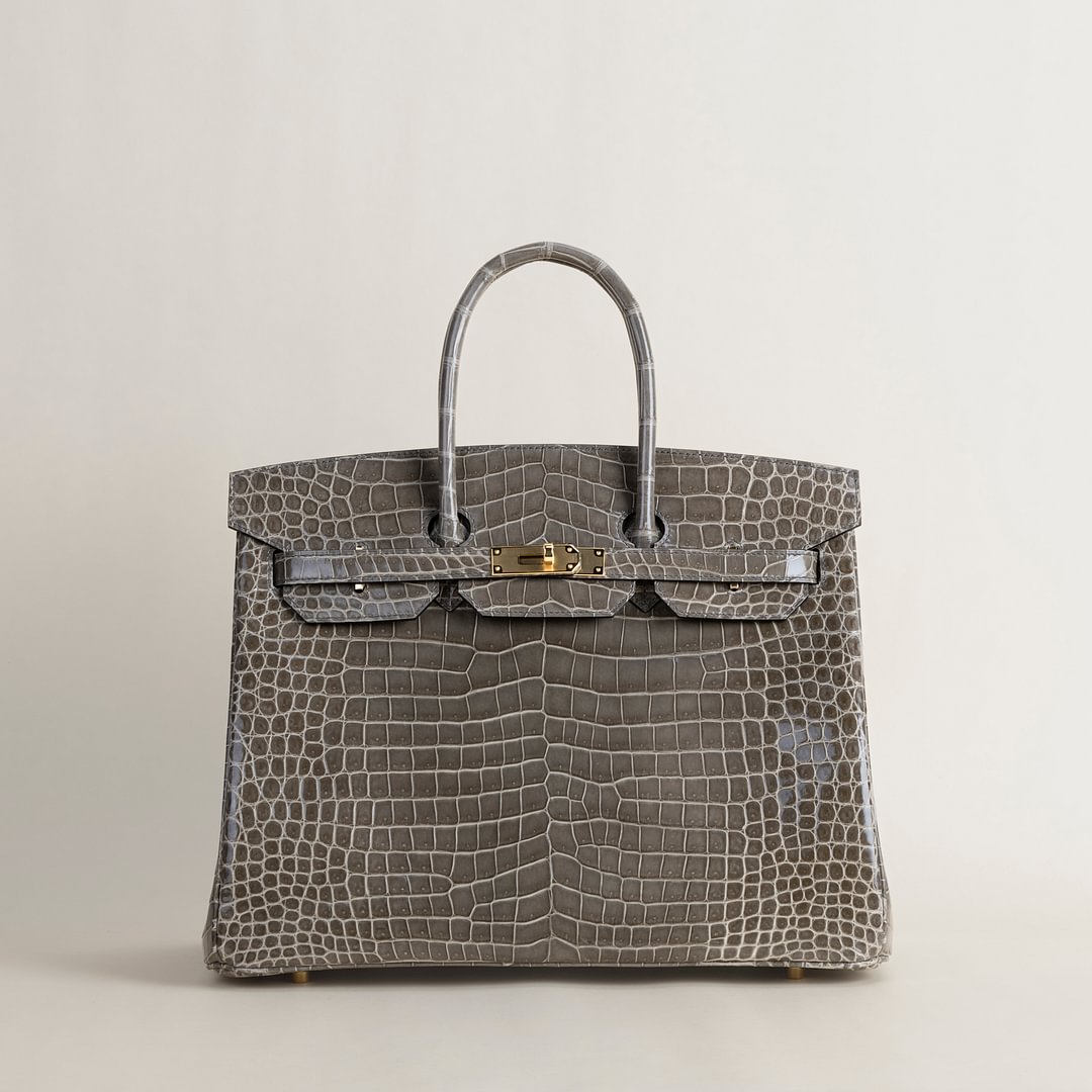 Birkin 35cm Shiny Porosus Crocodile 81 Gris tourterelle GHW
