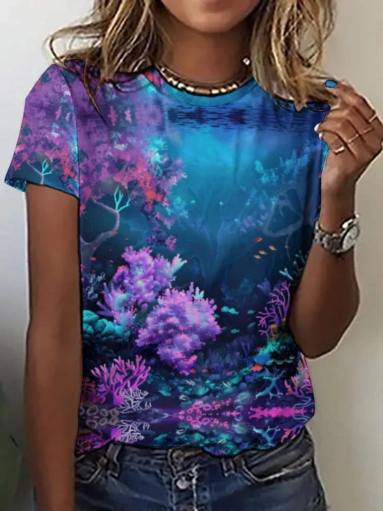 Printed Short Sleeve Casual T-shirt for  Women and Men Unisex Pattern Ocean, Blue, Sea, Fish