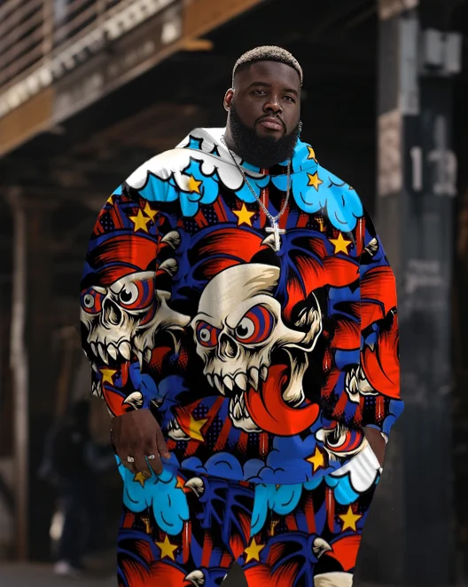 Men's Plus Size Skull Smiley Tongue Hoodie Set of Two