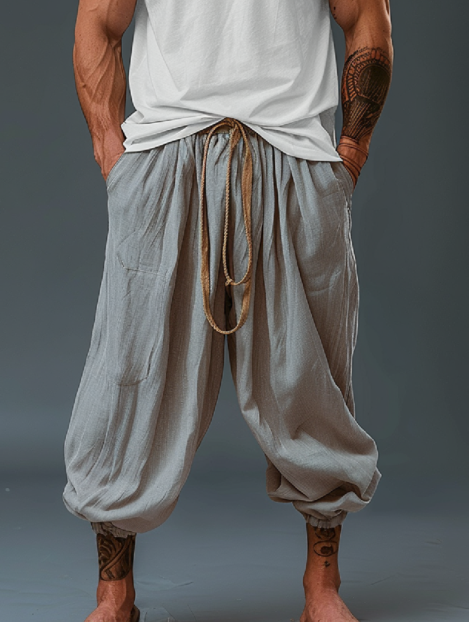 Men's Retro Casual Cotton and Linen Loose Pocket Harem Pants