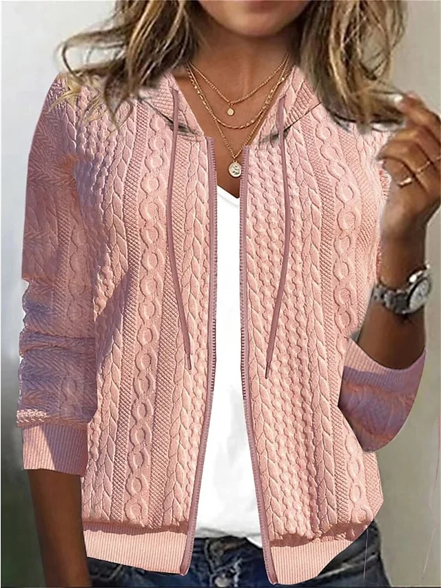 Women's Hoodie Sweatshirt Pullover Textured Basic Zip Up Black White Pink Solid Color Street Casual Hoodie Long Sleeve Top Micro-elastic Fall & Winter