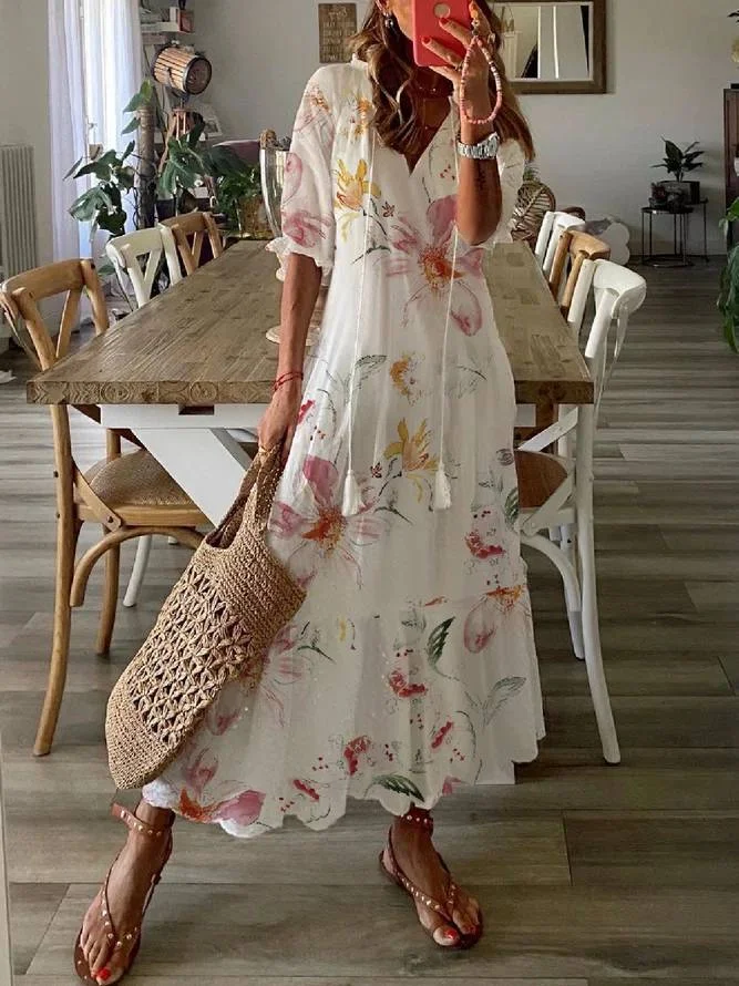 Women's Shift Long Dress Maxi Floral Print Cool Summer Dresses V Neck