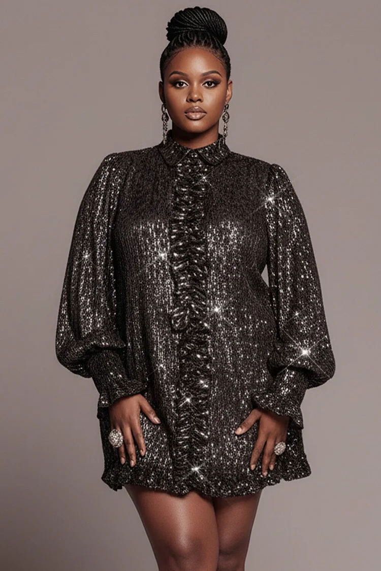 Xpluswear Design Plus Size Party Black Shirt Collar Long Sleeve Ruffle Sequin Mini Dresses [Pre-Order]