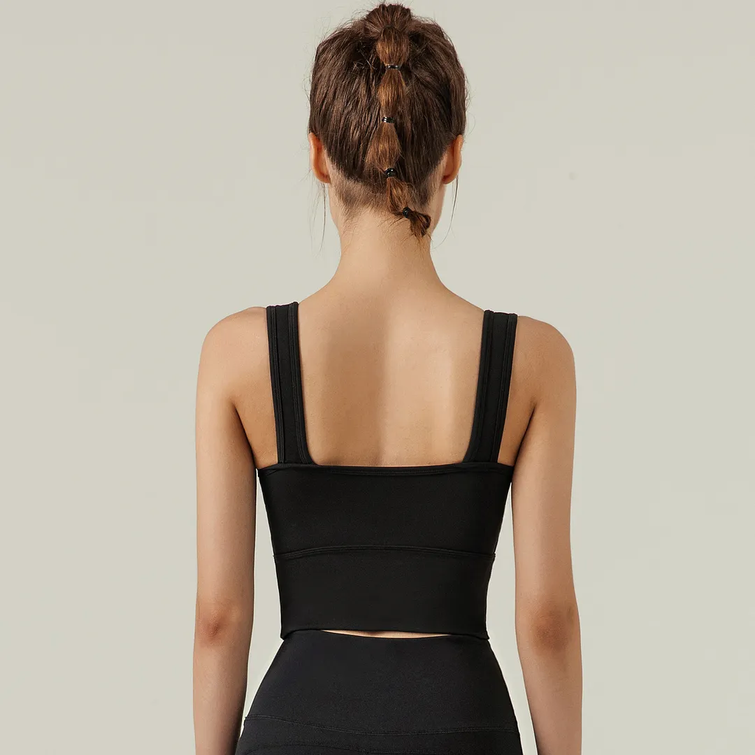 Buy women's v neck u back wide stretchy straps gym yoga support tank tops of high quality on Hergymclothing Black 