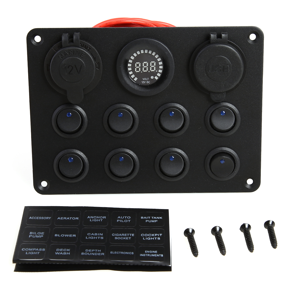 

Voltmeter Dual USB 12V Outlet Car Boat 8 Gang Blue LED Rocker Switch Panel, 501 Original