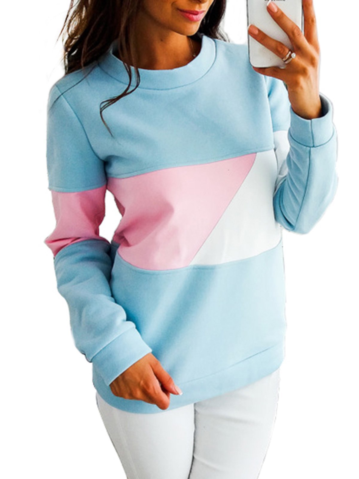 Casual Polyester Color-block Solid Sweatshirt