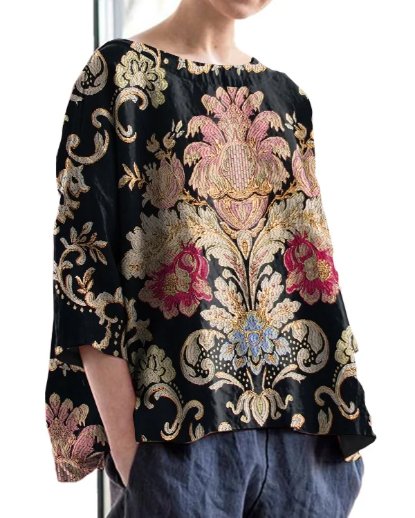 Vintage Floral Print Crew Neck Linen Loose Top