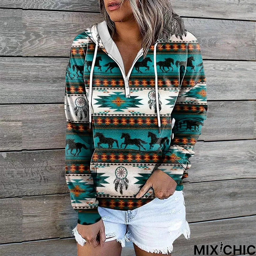 Glamorous Women's Zipper Ethnic Hoodie Coat Top