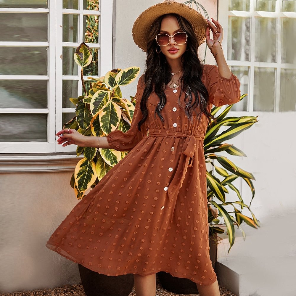 Ladies Vintage Jacquard Maxi Lace Dress Women Casual Butterfly Button High Waist Spring Summer Women Dress Female Vestidos Mujer