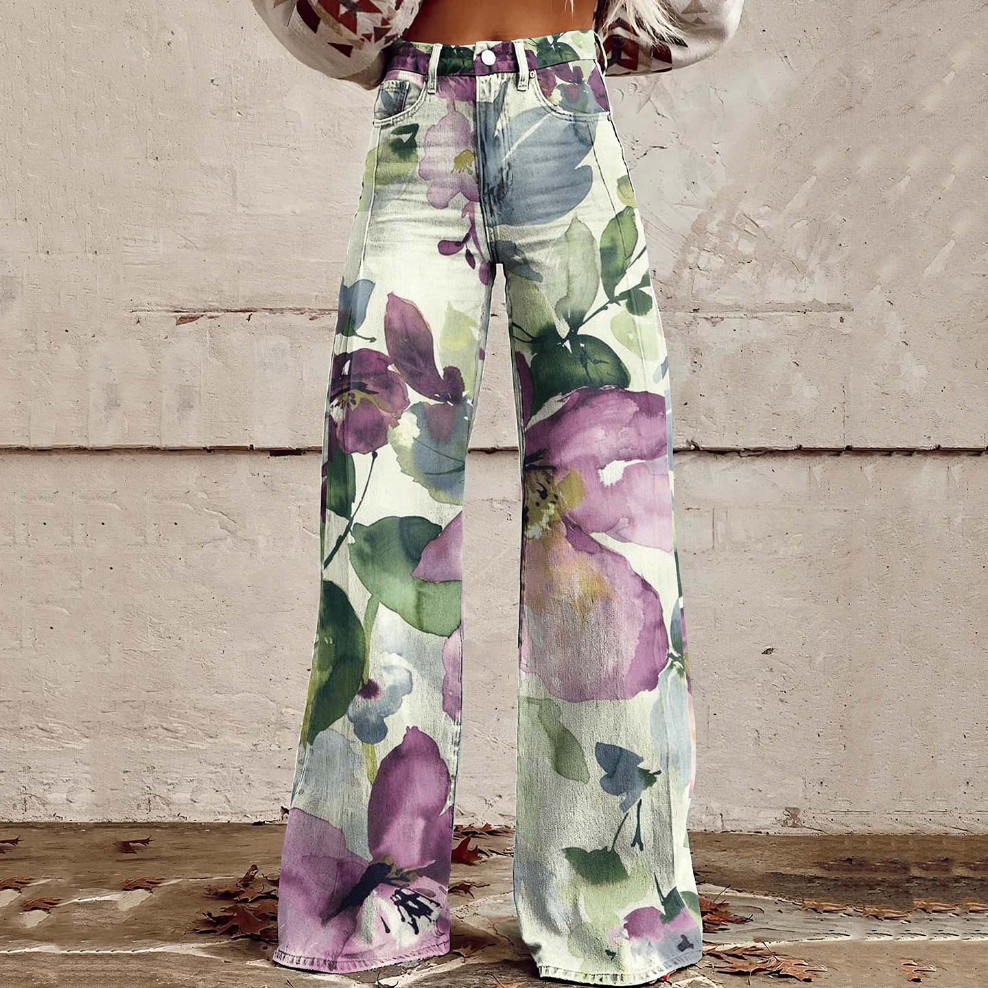 Comstylish Retro Floral Design Print Casual Wide Leg Jeans