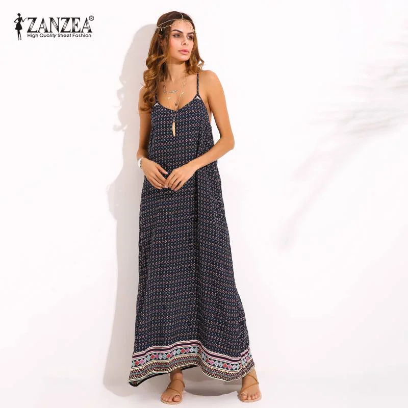 Summer  Maxi Long Dress ZANZEA 2022 Womens Sexy V Neck Spaghetti Strap Floral Print Beach Vestido Casual Sarafans Sundress